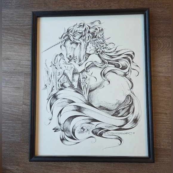 Vintage 1975 Nancy Chien-Eriksen Unicorn and Fairy Mushroom Framed Art Print